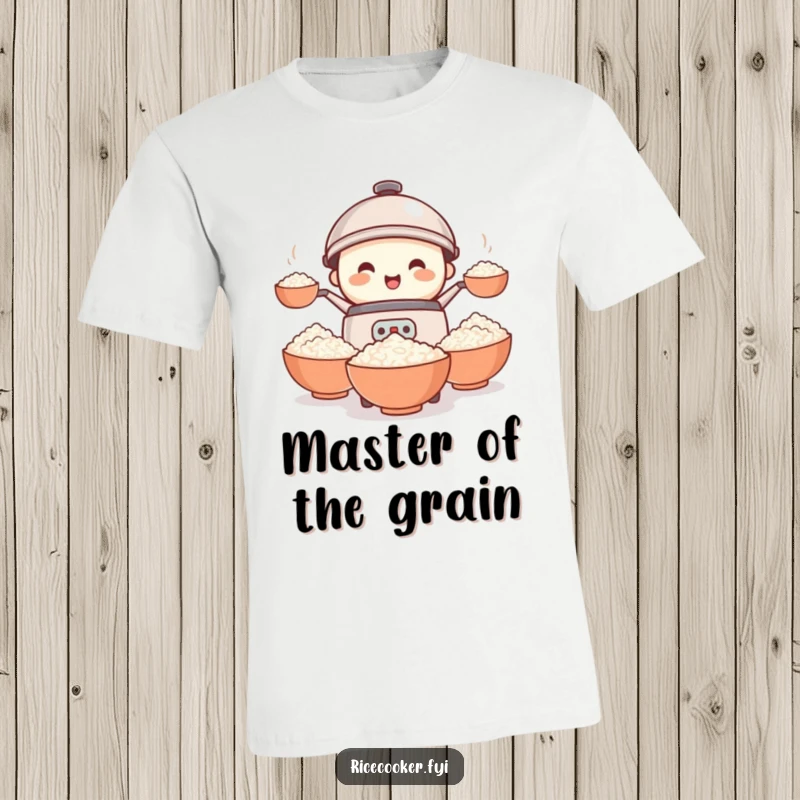 Funny rice cooker t-shirt showing a tiny, smiling appliance skillfully juggling bowls of rice in a comical display of kitchen mastery.