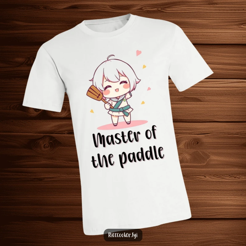 Funny t-shirt with a character comically spinning a rice paddle like a tiny baton, ideal for culinary performance humor.
