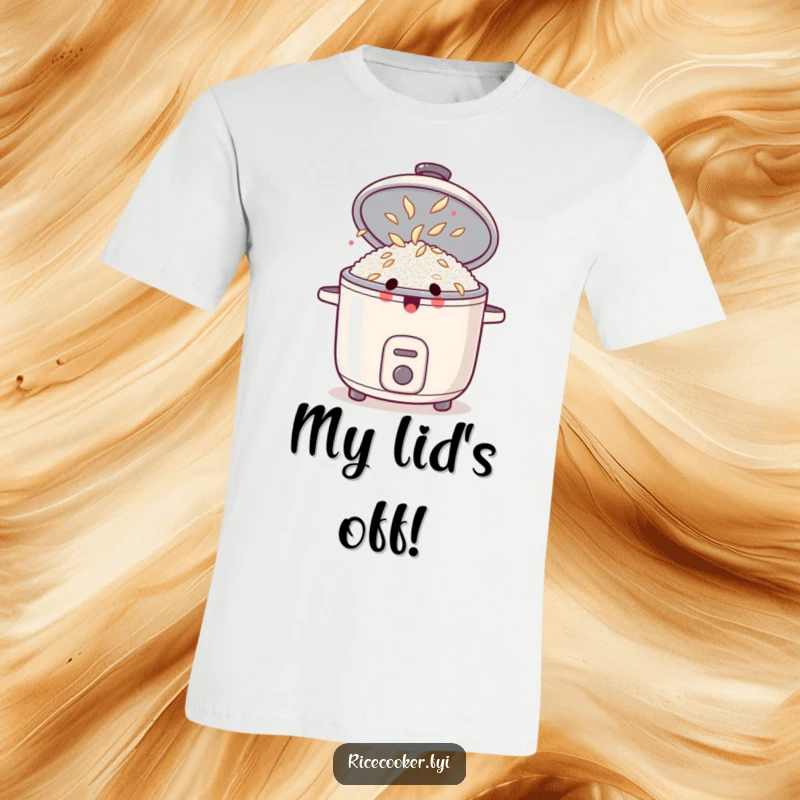 Funny t-shirt showing a surprised rice cooker with its lid popped open, revealing dancing rice grains in a celebratory scene.