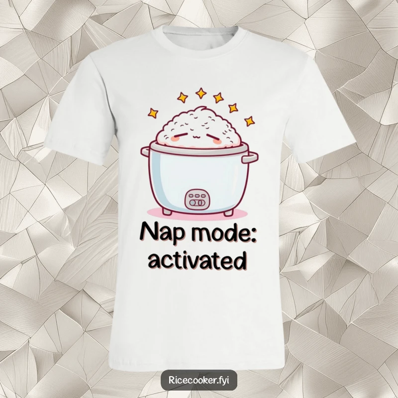 Funny sleepy rice cooker with stars circling its head, looking exhausted on a comfortable t-shirt, ideal for nap enthusiasts.