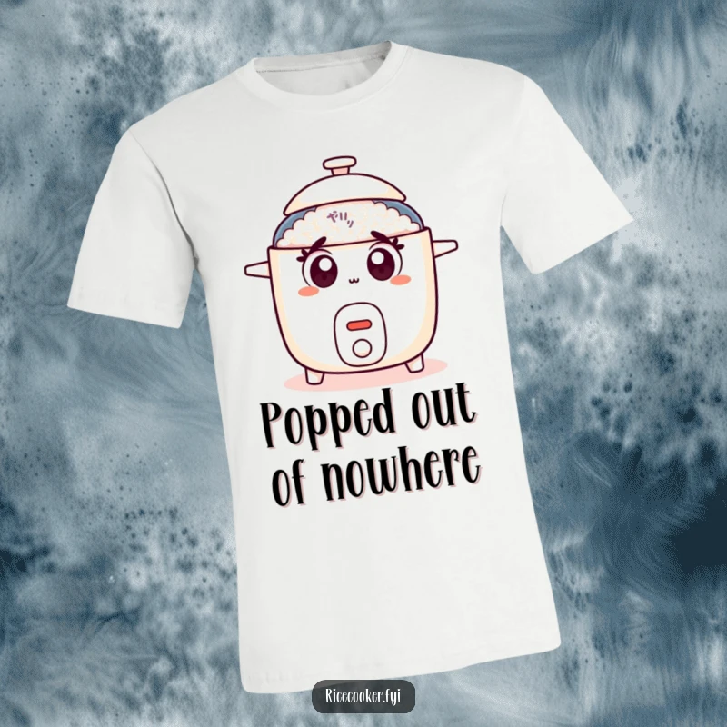 Funny rice cooker t-shirt featuring a shocked appliance with wide eyes and a lid mid-pop, embodying surprise.