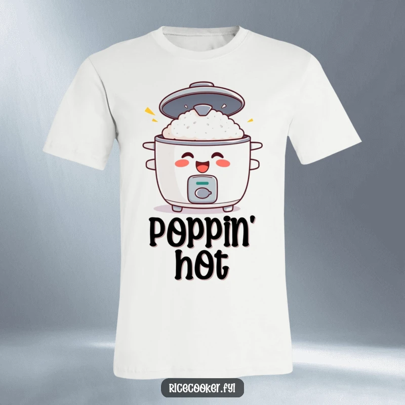 Funny t-shirt graphic of a wide-grinning rice cooker with its lid popping open in comical surprise, perfect for food enthusiasts.