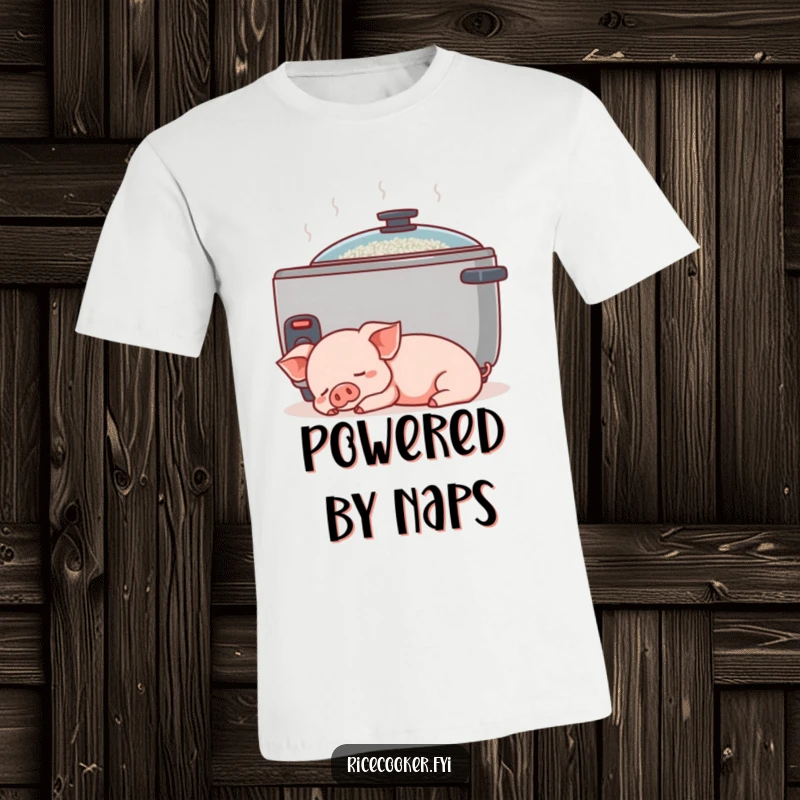 Funny piglet t-shirt. A content piglet sleeps soundly beside a softly humming rice cooker, embodying pure tranquility.
