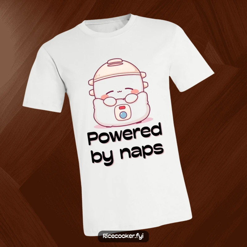 Funny rice cooker t-shirt featuring a sleepy appliance in a pillow, embodying ultimate relaxation and comfort.