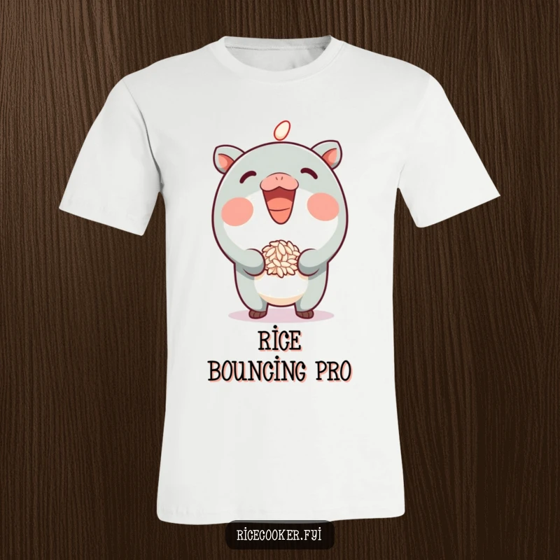 Funny T-Shirt featuring a cartoon character grinning with intense focus while balancing a grain of rice on its spout, delightful humor.