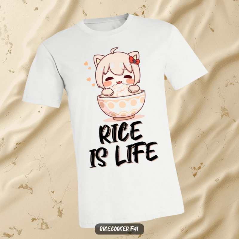 Funny t-shirt showing a character happily hugging a steaming bowl of rice with a look of extreme contentment and joy.