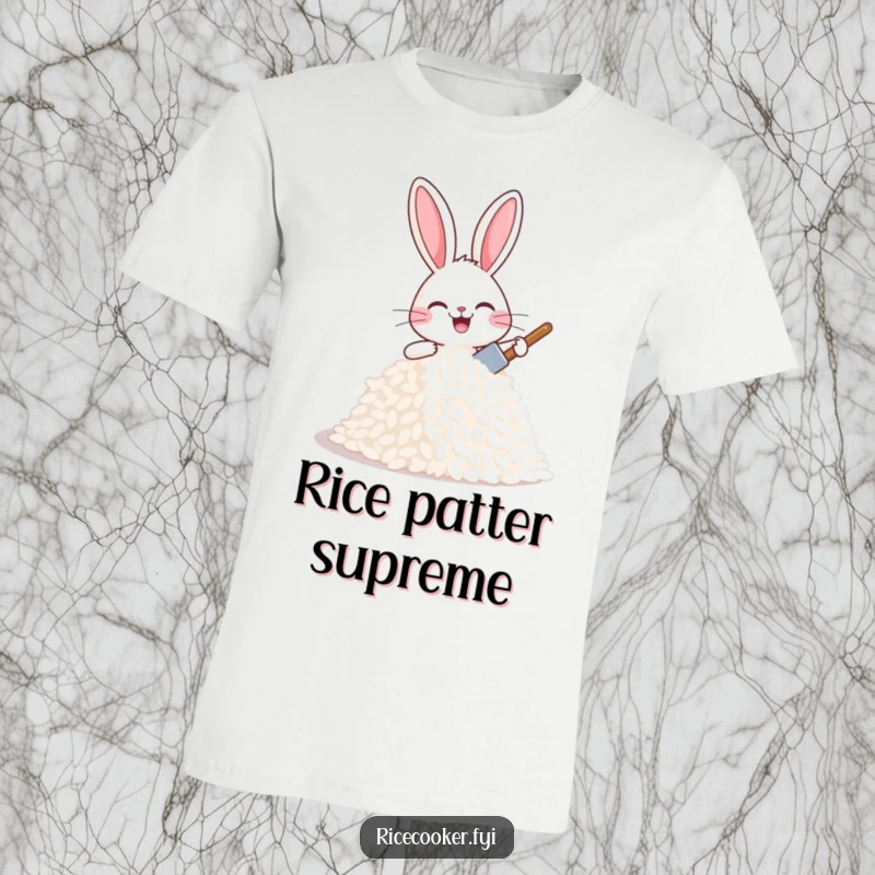 Funny joyful bunny patting a mound of rice with a tiny spatula, looking proud and happy, a cute foodie tee.