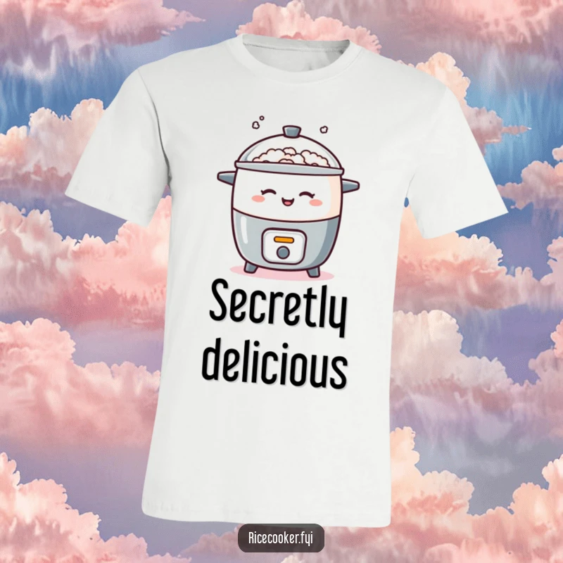 Funny t-shirt with a rice cooker playfully winking and puffing steam, a cheeky and humorous design for witty individuals.