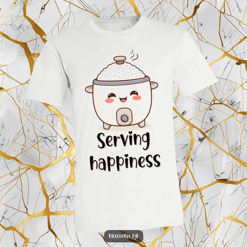 Funny rice cooker t-shirt, smiling appliance character serving a steaming food portion, kitchen humor.