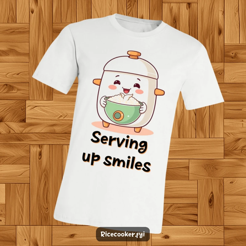 Funny t-shirt depicts a cheerful rice cooker extendiing a steaming bowl of rice with a welcoming gesture, representing warmth and generosity.