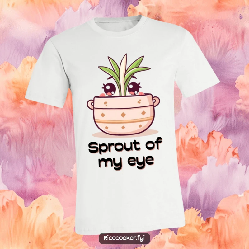 Funny t-shirt graphic of a cute pot character with wide eyes, observing a small rice sprout with fascination.