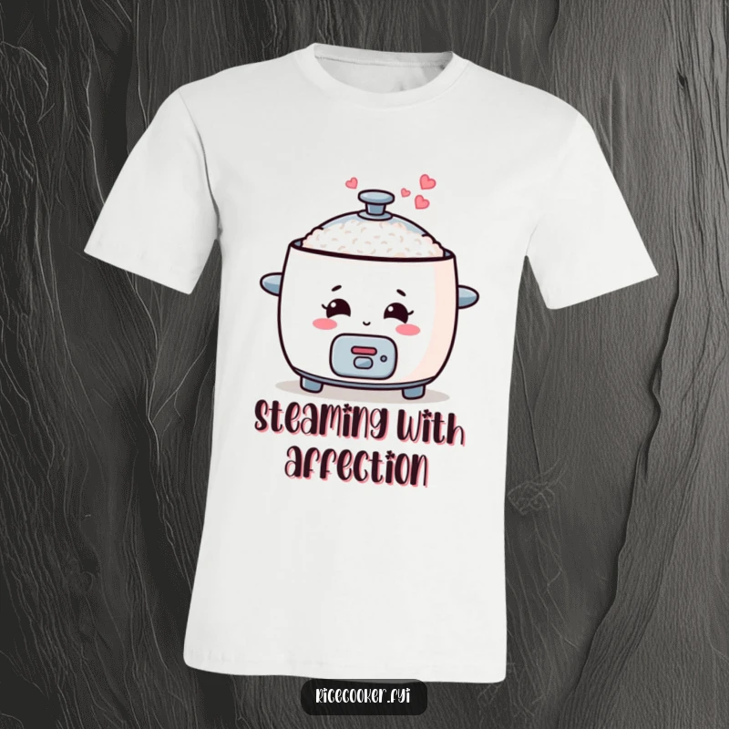 Funny rice cooker t-shirt featuring a smiling cooker and steam escaping as cute hearts, a kawaii delight.