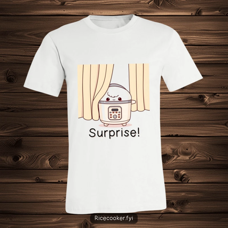 Funny rice cooker t-shirt, appliance peeking from behind a curtain with a mischievous look.