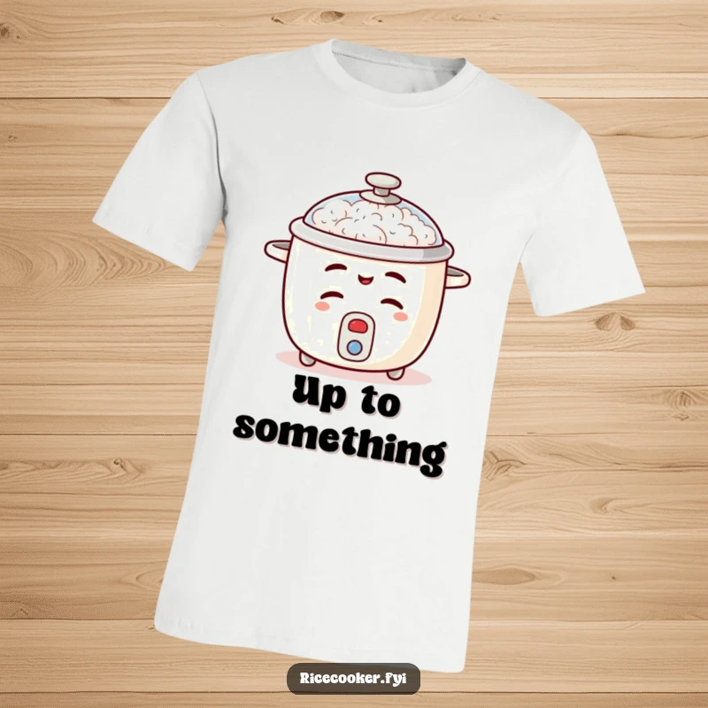 Funny rice cooker t-shirt featuring a winking cooker with a lid slightly open, suggesting playful mischief.