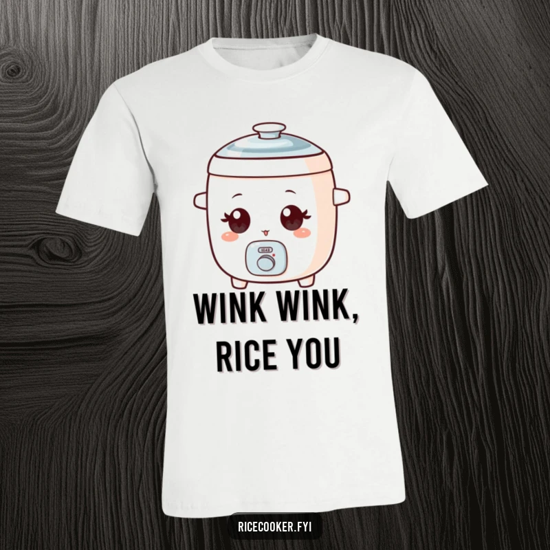 Funny t-shirt featuring a small rice cooker with big, wide eyes, giving a playful wink.