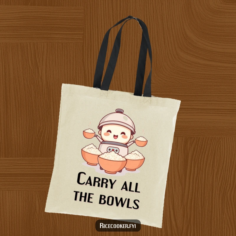 Funny rice cooker tote bag depicting a small, smiling appliance engaged in a humorous juggling performance with numerous rice bowls.