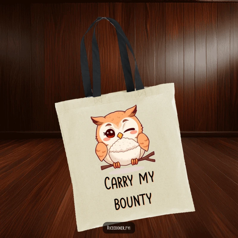 Funny tote bag with a winking owl holding a perfectly cooked rice ball, ideal for shopping and showing off your sense of humor.
