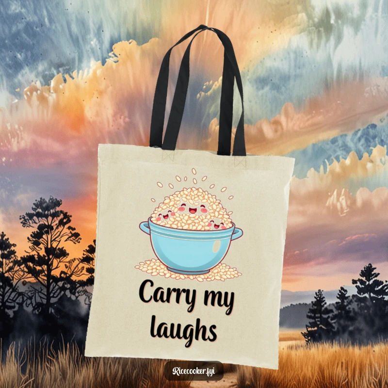 Funny overflowing rice tote bag depicting a pot of rice with many tiny, laughing grain faces spilling out, embodying pure joy.