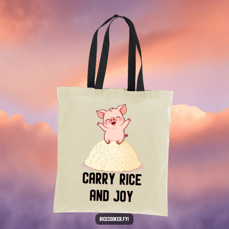 Funny pig tote bag showing a giggling pig dancing enthusiastically on a mound of perfectly cooked rice, perfect for carrying groceries.