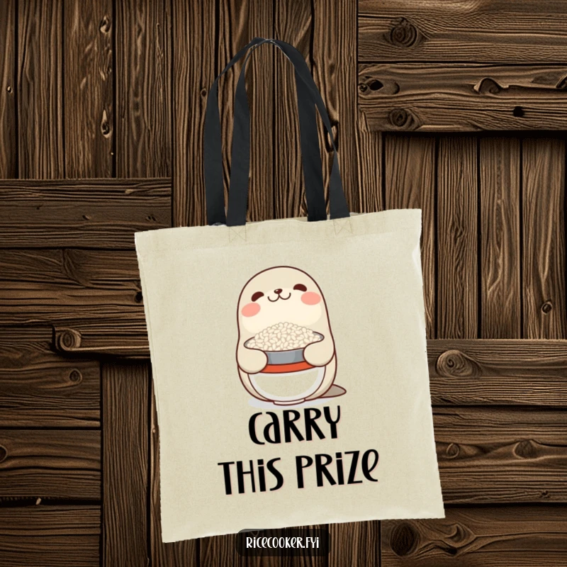 Funny tote bag featuring a smiling seal balancing a bowl of rice on its nose, ideal for everyday use and amusement.