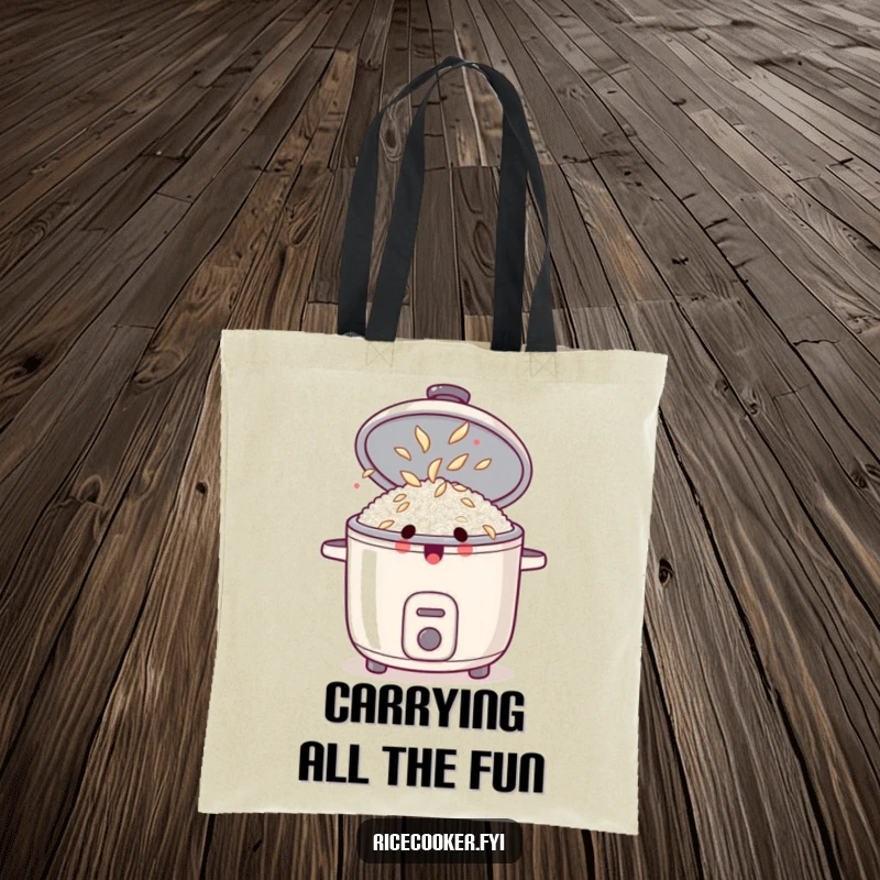 Funny tote bag with a surprised rice cooker, lid open, showing dancing rice grains, ideal for carrying items humorously.