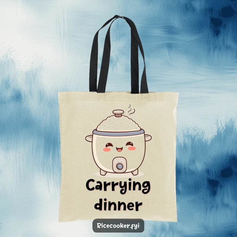 Funny rice cooker tote bag, smiling appliance character serving a steaming portion, kitchen grocery bag.