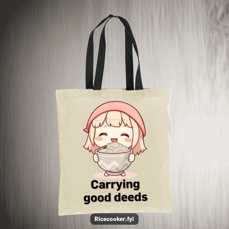 Funny tote bag with a character gently offering a warm bowl of rice with a kind smile, representing generosity and care.