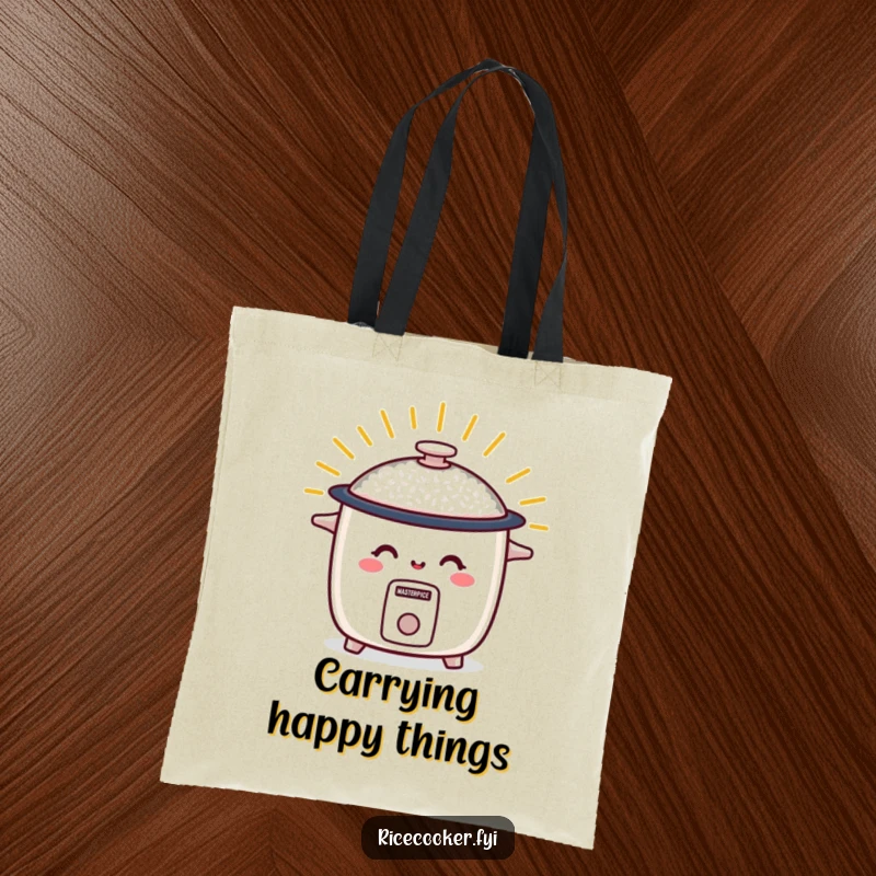 Funny tote bag with a smiling rice cooker radiating warm energy, a humorous and practical accessory for happy shoppers.
