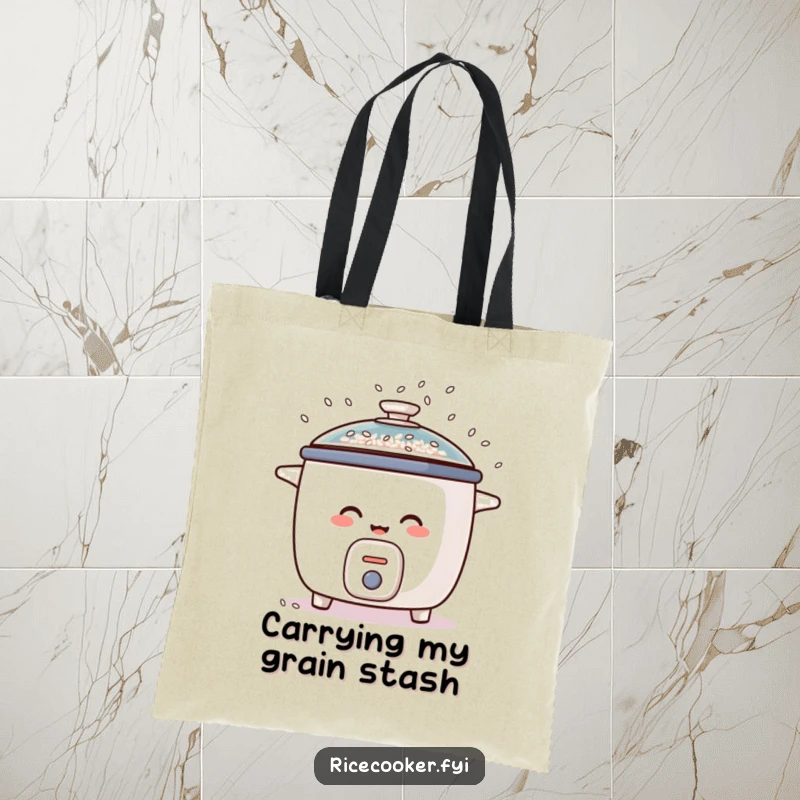 Funny tote bag displaying a giggling rice cooker merrily dribbling rice grains like colorful confetti from its lid, a whimsical carry-all accessory.