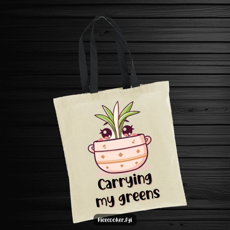 Funny tote bag with a cute pot character wide-eyed, watching a rice sprout, perfect for garden supplies or shopping.