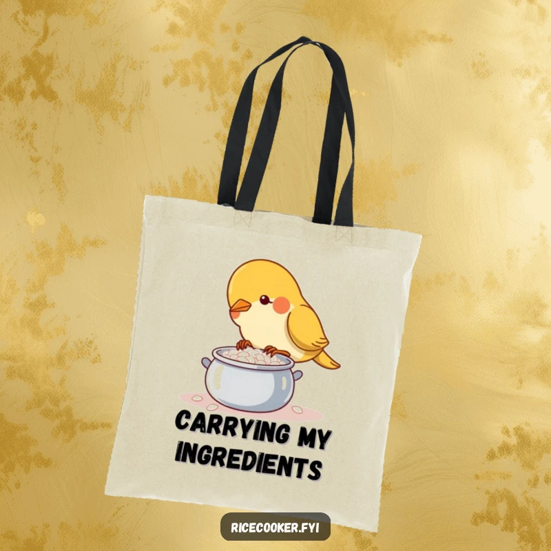 Funny determined bird carefully tending a bubbling rice pot on a tote bag, celebrating kitchen dedication.
