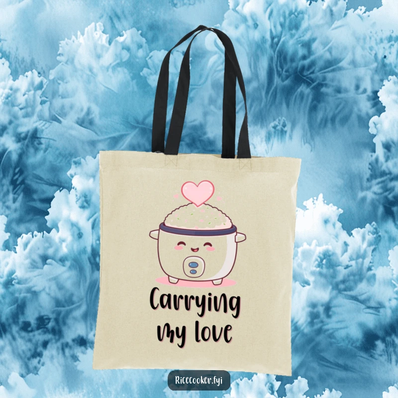 Funny tote bag with a smiling rice cooker emitting heart-shaped steam, perfect for carrying groceries with culinary charm.