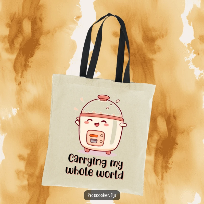 Funny rice cooker character doing a happy spin, perfect for carrying groceries with kitchen-themed humor.