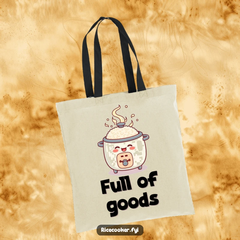 Funny rice cooker tote bag, round appliance character joyfully popping open, kitchen essentials bag.