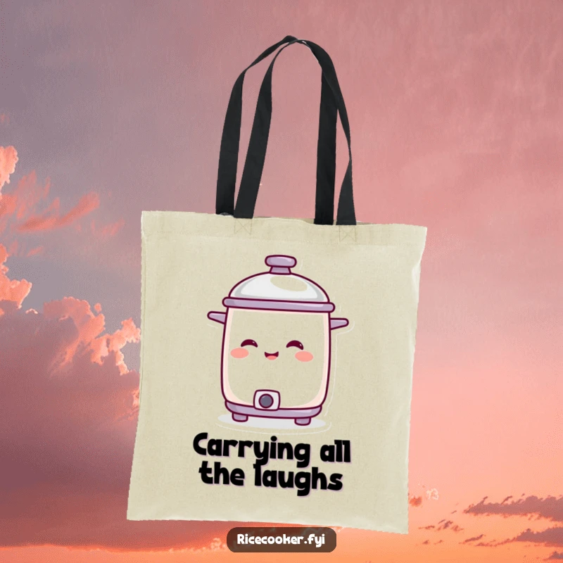 Funny smiling rice cooker character with lid tilted in amusement, printed on a practical and humorous tote bag.