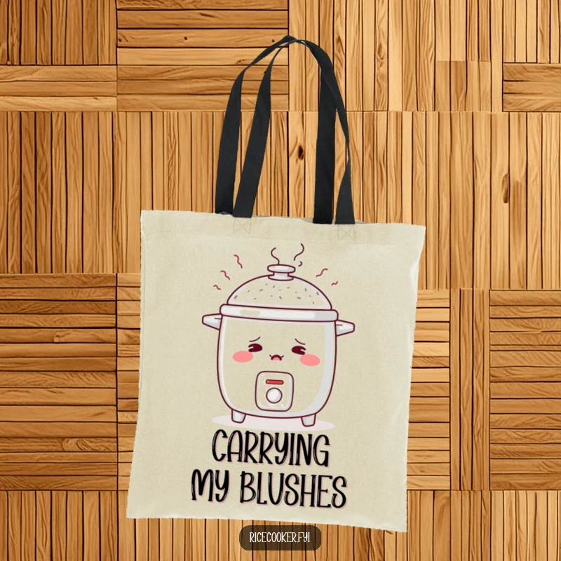 Funny tote bag displaying a shy rice cooker blushing with rosy cheeks, steam gently puffing like embarrassed sighs, a whimsical carry-all.