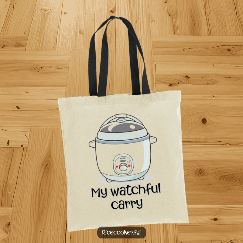 Funny tote bag showcasing a bouncy rice cooker with its button blinking like an eye. A practical and humorous funny gift.