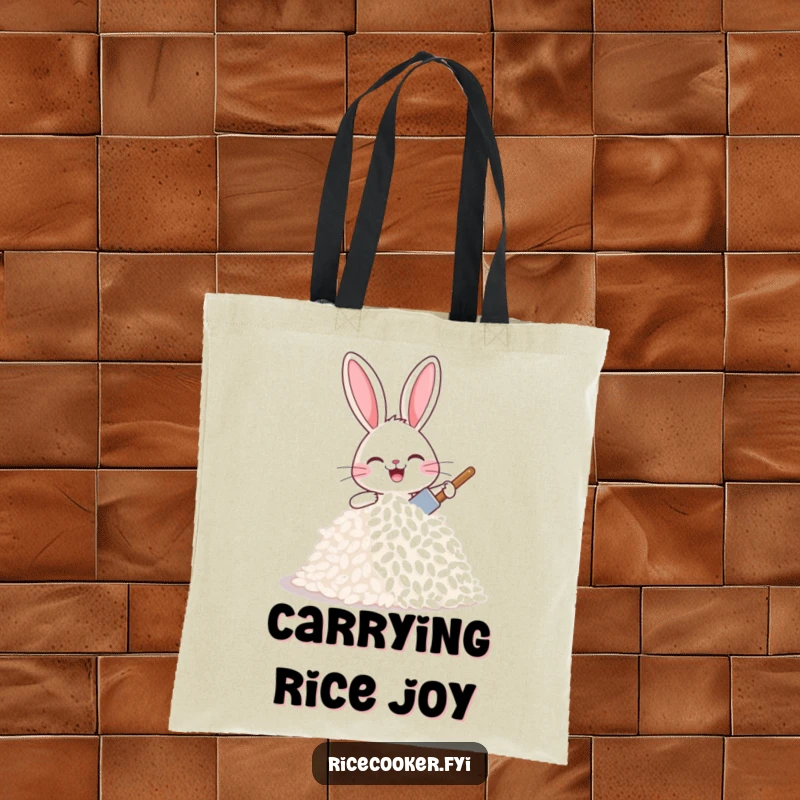 Funny joyful bunny patting a mound of rice with a tiny spatula, looking proud and happy, a practical funny tote.