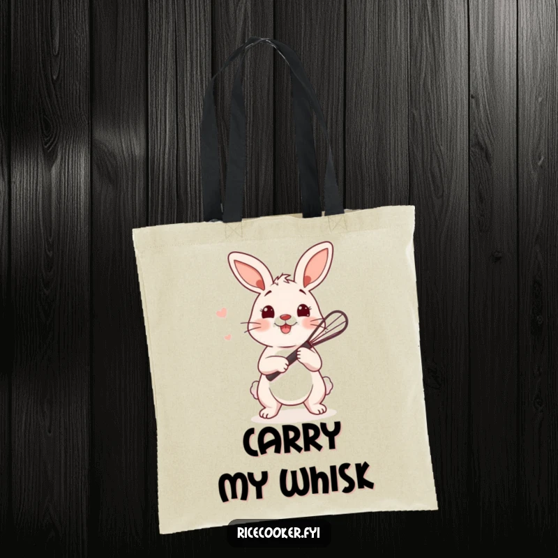 Funny bunny tote bag showing a playful bunny holding a tiny whisk, ready to stir rice, great for carrying supplies.