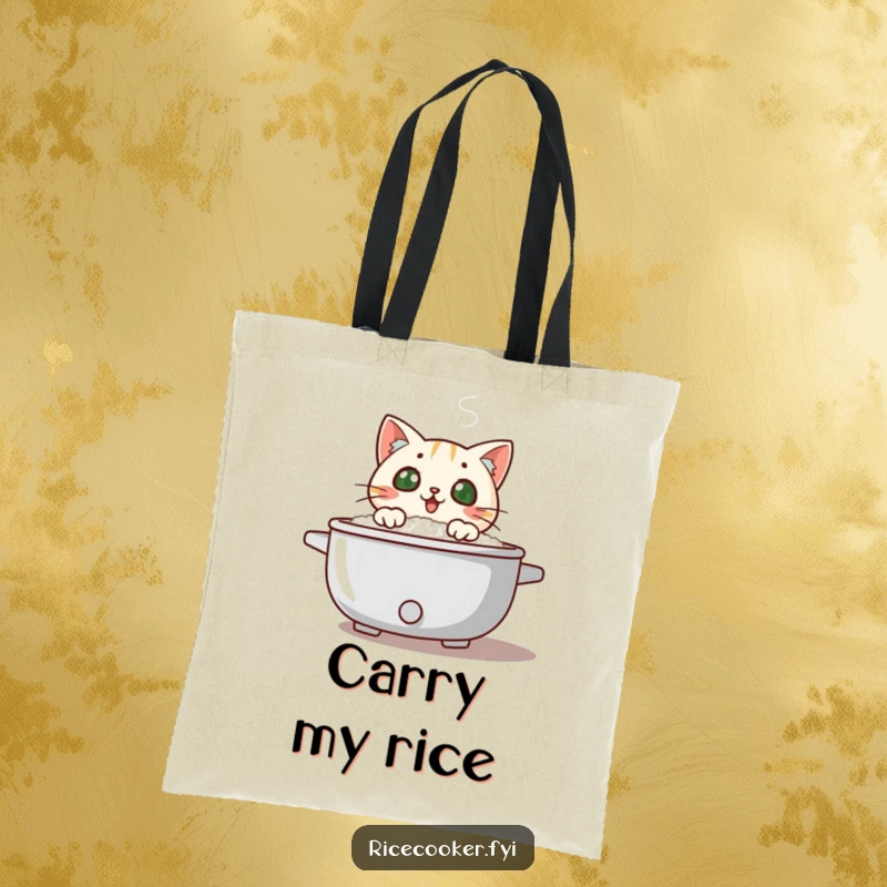 Funny surprised cat peeking over a steaming rice cooker lid, steam swirling, a practical and funny tote bag.