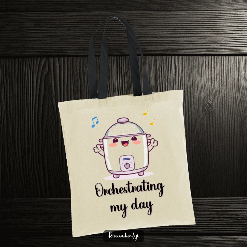 Funny tote bag displaying a cheerful rice cooker with arms waving enthusiastically like a conductor, a whimsical carry-all accessory.