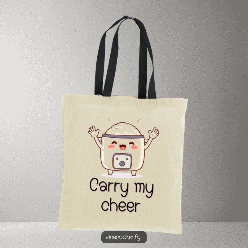 Funny tote bag with a lively rice cooker enthusiastically waving its mini arms. A charming and humorous accessory, great funny gift.