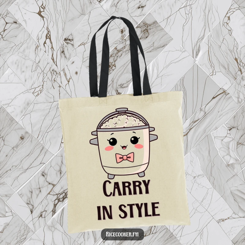 Funny tote bag showcasing a proud rice cooker wearing a smart bow tie. A practical and humorous funny gift.