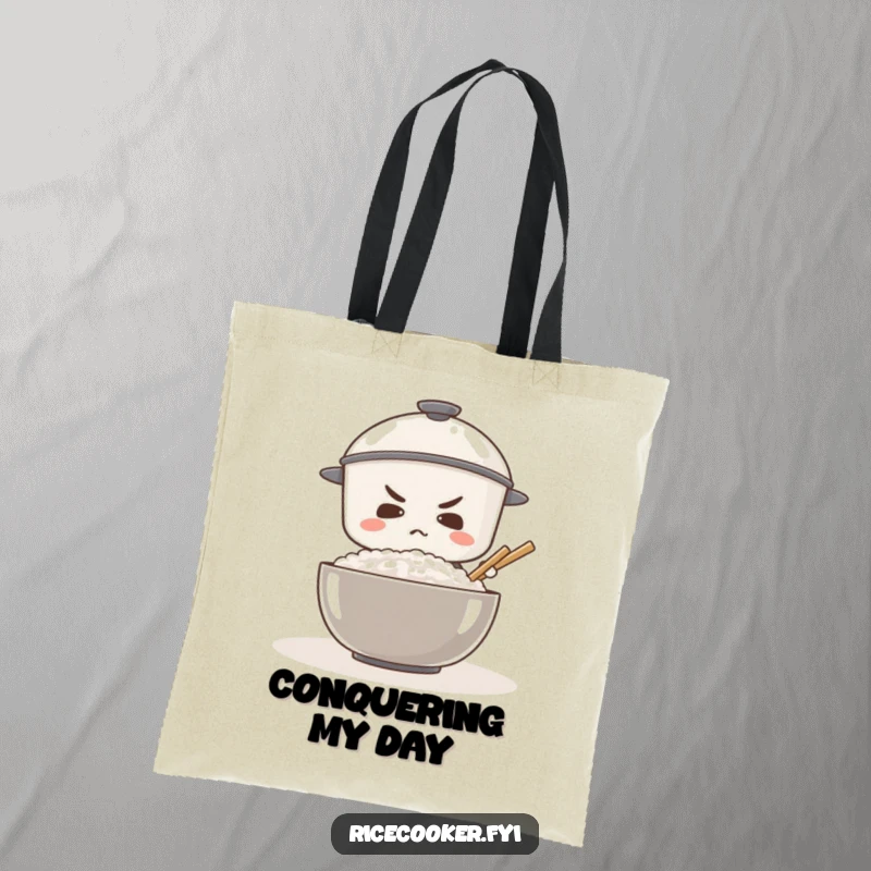 Funny tote bag featuring a determined rice cooker stirring a giant bowl of rice, symbolizing effort and drive.