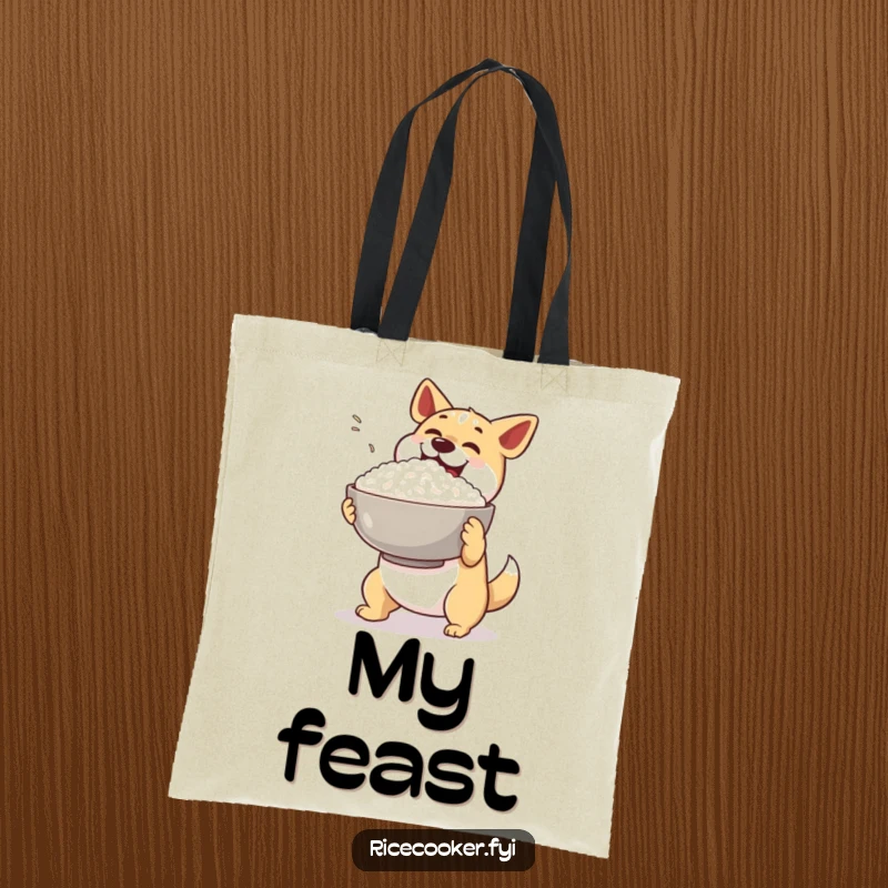 Funny dog rice tote bag. A happy dog excitedly presents a giant bowl of steaming rice, ready for anything.