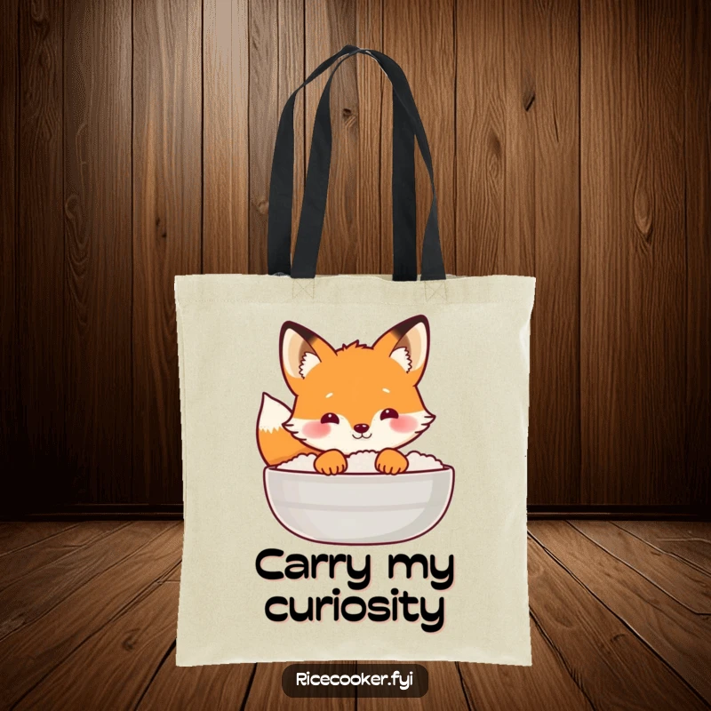 Funny fox tote bag showing a curious fox peeking from behind a steaming rice lid, perfect for carrying daily items.