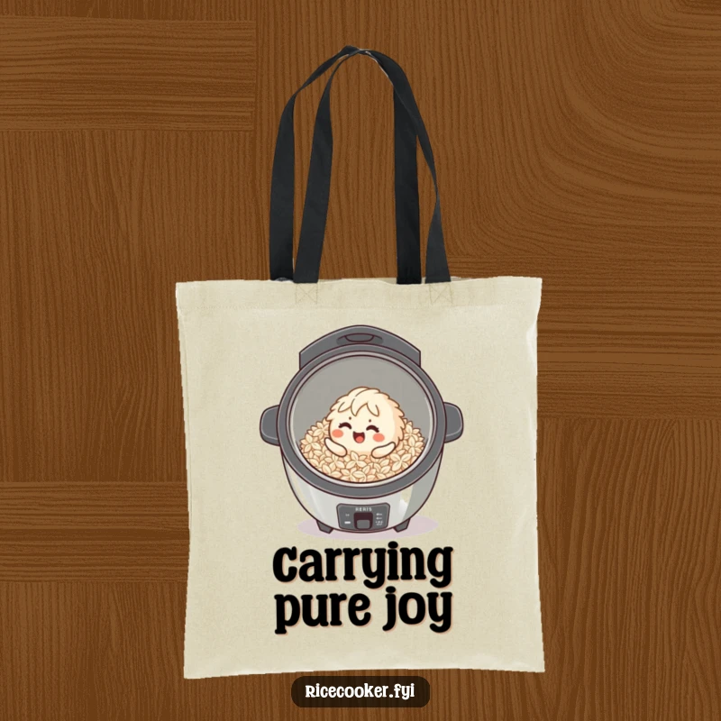 Funny giggling rice grain character rolling inside a clean rice cooker, featured on a practical tote bag.