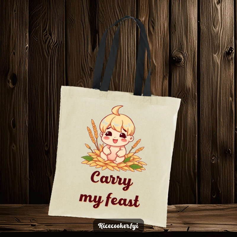 Funny tote bag showcasing a cheerful character sitting happily surrounded by perfectly cooked grains, celebrating food.