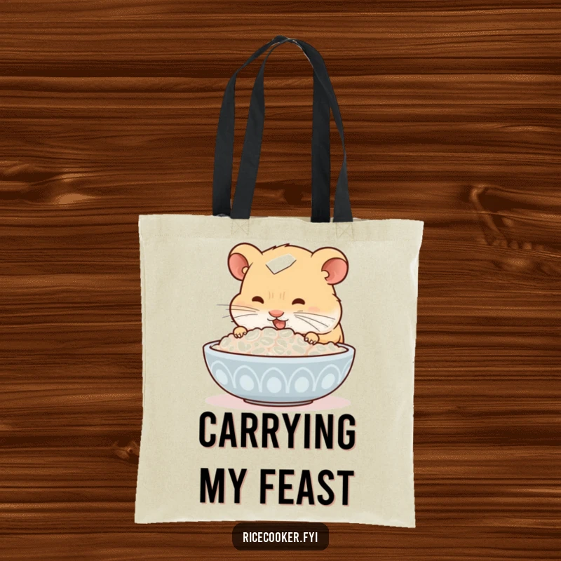 Funny hamster tote bag, sniffing a bowl of steaming rice with utter joy, functional and cute, perfect for carrying groceries and snacks.