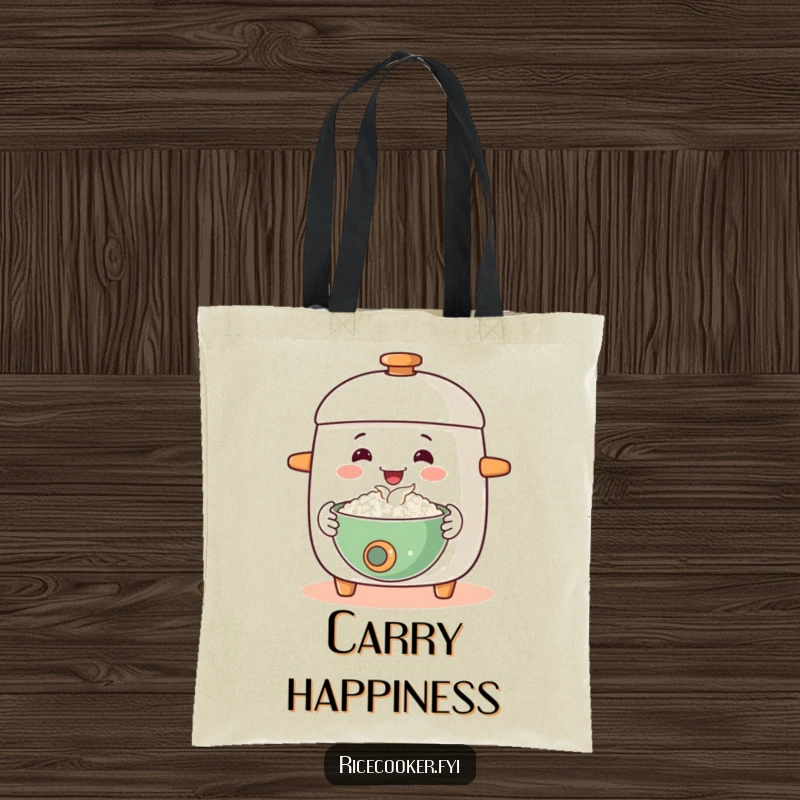 Funny tote bag displaying a happy rice cooker with a welcoming gesture, offering a steaming bowl of rice, a whimsical carry-all.